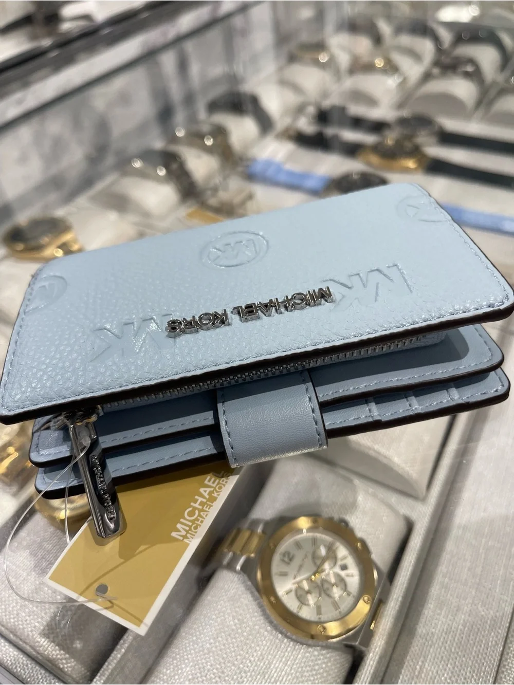 Michael Kors Jet Set Travel Md MK Logo Debossed Bifold Wallet Pale Ocean  NWT